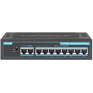 TEROW Gigabit netwerkswitch met 10 poorten: met 8 PoE+ 2 Uplink-poorten, 802.3af/at compatibel, plug & play, met afgeschermde poorten, verkeersoptimalisatie en stil ontwerp zonder ventilator