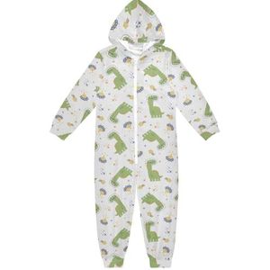 LI ZHI XIN Kinderpyjama met capuchon uit één stuk, jongens en meisjes, jumpsuits voor kinderen, onesie, slaappak, alles-in-één pyjama, winter, warme huisjumpsuit, 5-14 jaar, groen dinosauruspatroon