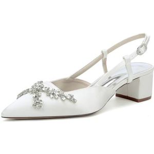 GHSIRUEU Dames pumps met puntige neus, blokhak, slingback, slip-on, lage, middelhoge hak, satijnen bruiloftsschoenen met strass,ivoor,35 EU