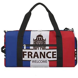 Frankrijk Welkom Vlag Reizen Plunjezak Sport Gym Handtas Waterdichte Carryon Gymbag Met Schoenen Compartiment