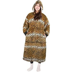 Catalonia Klassieke grote zachte warme sherpa-hoodie-deken voor volwassenen, vrouwen, mannen, superwarm en lang, oversized pluche hoodie-dekjurk met capuchon en voorzak, koe print