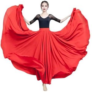 Flamencorok for vrouwen, 720 graden, volle cirkelvormige swingrok, Spaans danskostuum, volwassen, vloeiende, geplooide gelaagde rok for optredens, Halloweenfeest, rode krijtthema-outfit(Red_XL)