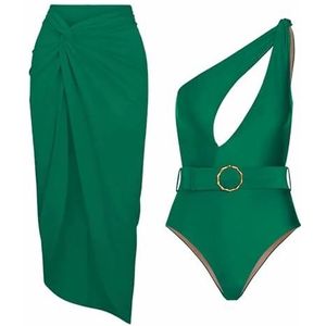Dames Sexy Rugloos Badpak Uit Één Stuk, Groene Eenvoudige Badmode Cover-up Bikini Zomer Boho Strandkleding Rokset(Color:Single Shoulder Strap,Size:XL)