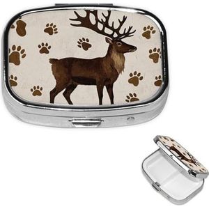 Mini metalen pillenorganizer - 2 compartimenten reizen pillendoos lichtgewicht zak pillenetui vintage bruin rendier voetafdrukken wekelijkse medicijnkoffer voor vitamines en medicijnen