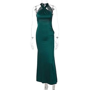 Vrouw halter backless lange avond feestjurk dames mouwloze slanke backless bodycon prom dress (Color : Green, Size : Medium)