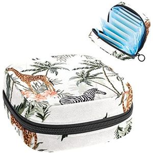 Opbergtas voor maandverband Pads, Menstruatie Cup Pouch, Periode Bag Organizer voor vrouwelijke Pads Tampons, Tropische Zebra en Giraffe op Hibiscus Kokospalmen Jungle