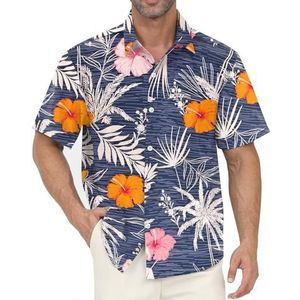 Gavliuu Hawaïaans overhemd voor heren, Hawaïaans overhemd met knopen, bloemenshirts, casual, korte mouwen, bedrukt, Oranje en grijs-geen zak, M