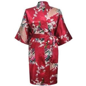 VONCYKI Satijnen zijde vrouwen bruiloft bruidsmeisje gewaad sexy kraan print badjas korte lange kimono nachtjapon gewaad mode ochtendjas vrouw (wijnrood, L)