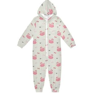 LI ZHI XIN Kinderpyjama uit één stuk met capuchon voor jongens en meisjes, jumpsuits voor kinderen, onesie, slaappak, alles-in-één pyjama, winter, warme huisjumpsuit, 5-14 jaar, zwanenpatroon