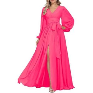 QSAW480 Bruidsmeisjesjurken voor dames, lange mouwen, V-hals, baljurk, geplooid, chiffon, formele avondjurk met split, roze (hot pink), 52 grote maten