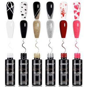 AIMEILI Gel Nail Polish Nail Art Gel Liner Wit Zwart Goud Zilver Rood Roze, 6 Kleuren 8ml Ultra Dunne Kwast voor Precise Lijnen Art Painted UV/LED Snel Uitharden, Vegan Salon Thuis DIY Manicure