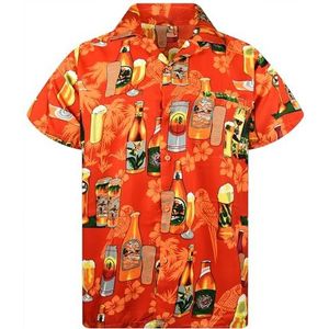 King Kameha Funky Hawaïhemd voor heren, korte mouwen, voorvak, party, drinks, bierflessen, prints, Bierfles-oranje, M