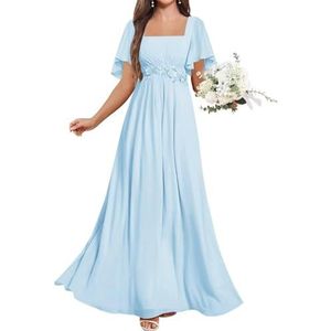 KURFACE Chiffon Moeder van de Bruid Jurken met Mouwen Kant Applique Flutter Mouw Bruidsmeisje Jurk Formele Jurk, Lichtblauw, 36