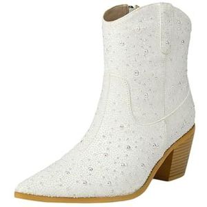 Elegante Enkellaarsjes Met Parel Western Cowboylaarzen Met Puntige Neus PU Leren Laarsjes Met Blokhak Klassieke Laarzen Met Rits Aan De Zijkant Enkelschoenen 2025 Hoge Hakken(43 EU)