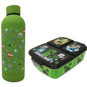 Theonoi - Minecraft Creeper - Lunchbox - Groen - Met Onderverdeling en Drinkfles