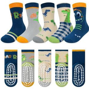 Kyopp 5 paar antislipsokken voor kinderen, katoen, voor jongens en meisjes, ABS-kunststof, antislip, diermotieven, maat 25-37 EU, ABS-nieuw dinosaurus 8007, 21-24 EU