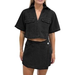 LoprNsdgt Dames Zomer Denim 2-Delige Outfits Korte Mouw V-Hals Jean Tops Onregelmatige Rok Shorts Set,zwart,L