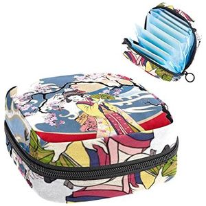 Ukiyo-e Japan oosterse kers,Periode Pouch Draagbaar,Tampon Opbergtas,Tampon Houder voor Portemonnee Vrouwelijke Product Organizer, Meerkleurig, 4.7x6.6x6.6 in/12x17x17 cm