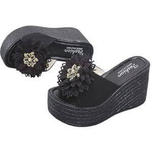 LDOZ Dames sandalen strand bloemen knoop mode Romeinse sleehak sandalen voor(Black,9.5)