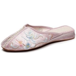 2024 Vrouwen Casual Oude Beijing Doek Schoenen Chinese Prachtige Bloem Borduren Hanfu Flats Schoenen Zomer Puntschoen Comfort Muilezels Slippers(Color:Pink,Size:39 EU)