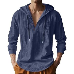 CupitiDU Linnen strandshirt met capuchon voor heren, lichtgewicht knoopsluiting, losse pasvorm, ademend zomershirt tops met capuchon, marineblauw, 3XL