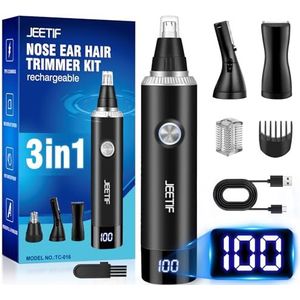 Neushaartrimmer, 3 in 1 Neustrimmer Mannen, USB oplaadbare oorhaartrimmer, pijnloze oortrimmer Trim neus oor en wenkbrauwhaar, LED-scherm, IPX7 waterdicht, Dubbele Messen, voor heren en dames, Zwart