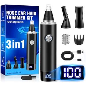 Neushaartrimmer, 3 in 1 Neustrimmer Mannen, USB oplaadbare oorhaartrimmer, pijnloze oortrimmer Trim neus oor en wenkbrauwhaar, LED-scherm, IPX7 waterdicht, Dubbele Messen, voor heren en dames, Zwart
