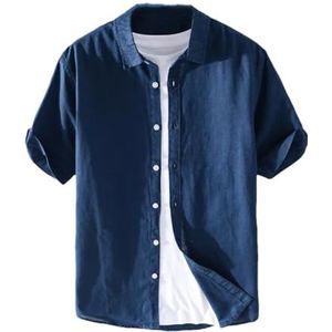 Heren zomer mode shirt heren eenvoudige casual korte mouw effen blouses heren basic ademend dun shirt, Donkerblauw, XS