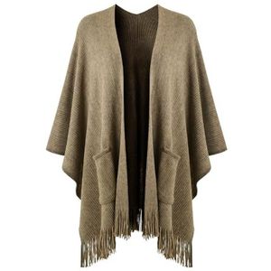 Ferand Dames poncho met open voorkant en zakken, zachte gebreide cape met franjes voor herfst en winter, Kaki, One size