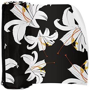 Potlood Case Pen Tas Houder met Rits Coin Organizer Tassen Make-up Cosmetische Pouch voor Vrouwen Tiener Meisjes Jongens Kinderen, Witte Bloem Lelie Zwarte Achtergrond
