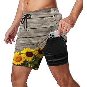 Herfst Zonnebloem Planken Heren Zwembroek Sneldrogende 2 in 1 Strand Sport Shorts met Compressie Liner En Pocket