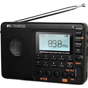 Retekess V115 - Draagbare Radio - Zwart - FM/AM/SW Radio Wereldontvanger met MP3-speler en Voice Recorder
