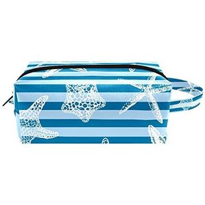Starfish blauwe strepen waterdichte cosmetische tas voor vrouwen meisjes, lederen toilettas met handvat en ritssluiting, draagbare vierkante make-up tas