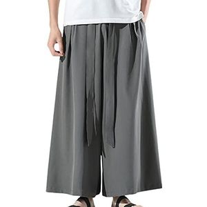 Heren zwart ijs zijde Hakama Kung Fu broek met een brede bodem Wushu Kimono Chinese brede broek, Grijs, XL