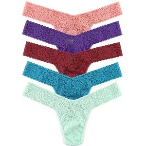Hanky Panky Daily Lace Low Rise Thong - Stretch kanten slipje voor dames, 5-delig, damesstring met lage taille, katoen en nylon, lingerie voor dames, ondergoed, set, eenheidsmaat