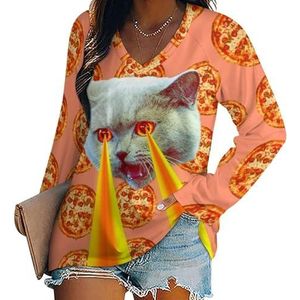 Pizza verslaafde kat met lasers van ogen vrouwen casual lange mouw T-shirts V-hals gedrukte grafische blouses Tee Tops 4XL