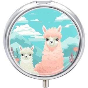 Ronde draagbare pillendispenser, prachtig mooie alpaca bedrukte reismedicatie organizer 3 compartimenten geneeskunde opbergdoos met spiegel
