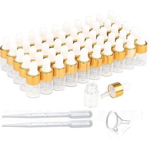 50 stuks mini-druppelflesjes, lege glazen tinctuurflessen met gouden doppen, parfummonsterflesjes voor etherische oliën & lichaamsolie en vloeistoffen, reizen DIY containers inbegrepen pipet &