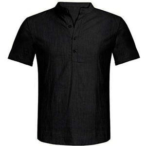D-Rings Modieus linnen overhemd heren hemd lange mouwen zomerhemd V-hals heren regular fit vrijetijdshemd diverse kleuren, zwart, L