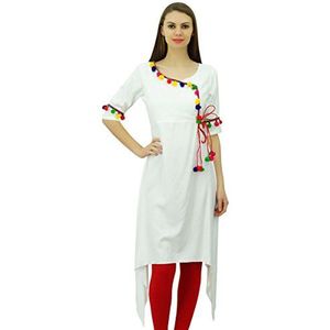 Phagun Angrakha Stijl Rayon Womens Tuniek Kurta Pom-Pom Designer Kurti Top Indiase Kleding, Kleur: wit, 46 NL