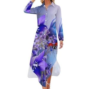 Paarse Bloem Lieveheersbeestje Lange Mouw Maxi Shirt Jurken voor Vrouwen Casual V-hals Knop Blouses 5XL