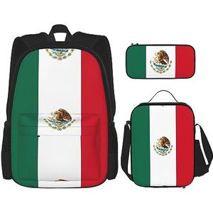 Vlag van Mexico Rugzak met grote capaciteit, lunchtas, pennenzak, 3-delige set voor kantoor, reizen, kamperen, uniseks, Zwart, Eén maat