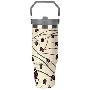 FHECVBN Grote capaciteit auto beker koffie beker kunst lieveheersbeestje koffiemok flip stro beker roestvrij staal beker geïsoleerde beker reizen mok 30oz