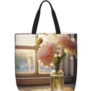 VTCTOASY Venster Bloem Print Vrouwen Tote Tas Grote Capaciteit Boodschappentas Mode Strand Tas Voor Werk Reizen, Zwart, One Size, Zwart, One Size