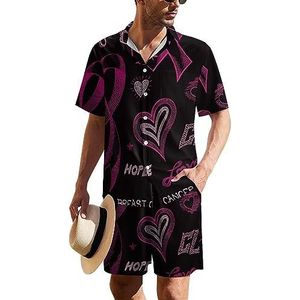 Hoop roze lint borstkanker bewustzijn heren Hawaiiaanse pak set 2-delig strand outfit korte mouw shirt en korte broek bijpassende set
