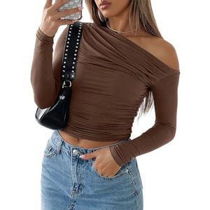 OHERUWKLS Lente En Zomer Casual Effen Kleur Schuine Kraag Off Shoulder Pullover Lange Mouwen Top,Bruin,L