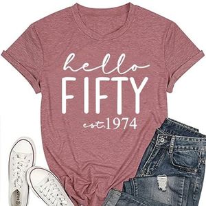 Hello Fifty Est 1974 Vrouwen Shirt 50e Verjaardagscadeau Tops Zomer Grappige Brief Print Tees Korte Mouw Retro T-shirts, Rose Goud 2, S