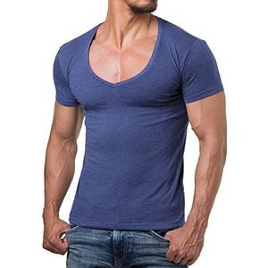 Re Rock Young & Rich T-shirt voor heren, 12 kleuren, V-hals, slim fit, eenkleurig, met V-hals, S tot 3XL, blauw melange, L