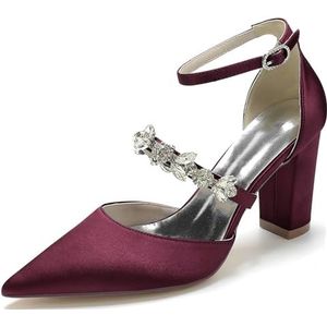 Hanfike Womens Avond Schoenen Pompen Enkelband Spitse Teen Bruids Bruiloft Hakken JY025, Bordeaux, 38.5 EU