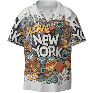 OdDdot Cartoon Leuke New York Amerikaanse Thema Art Print Mannen Button Down Shirt Korte Mouw Casual Shirt Voor Mannen Zomer Business Casual Jurk Shirt, Zwart, 4XL